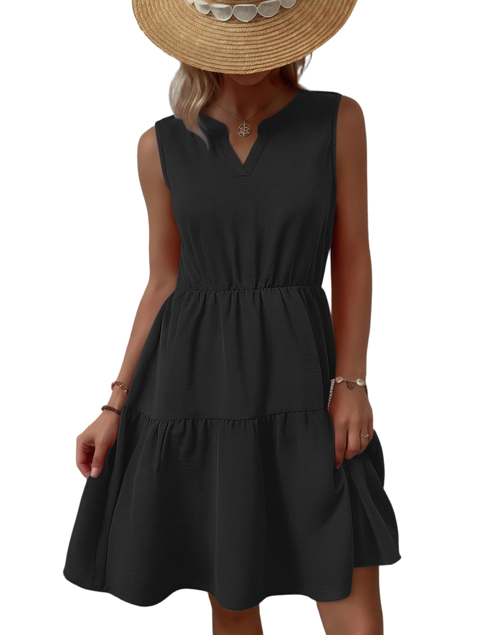 Zeagoo Women's Casual Sleeveless Beach Dress V Neck Floral Print Summer Dress Short A Line Casual Dress Loose Ruffle Mini Dress