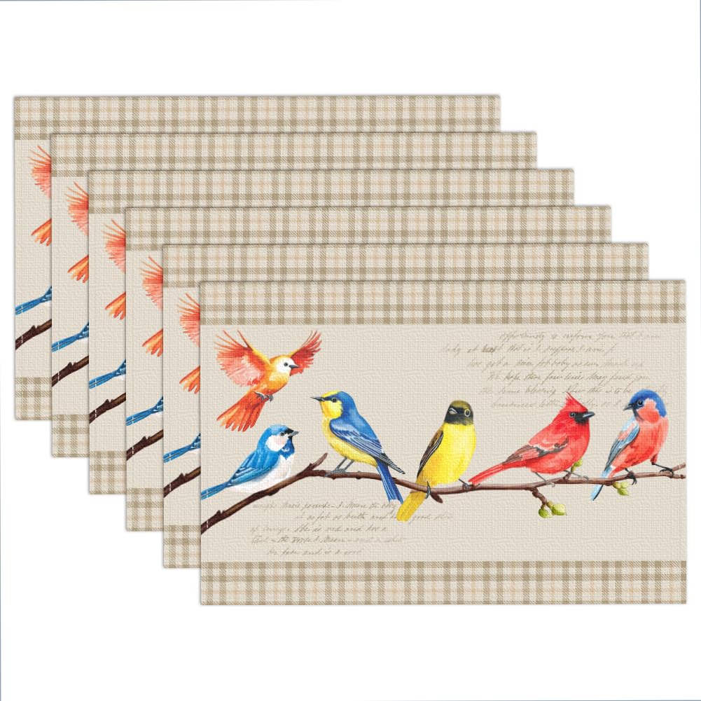 WADORN Bird Bohemian Style Branch Placemats Set of 6, Spring Summer Seasonal Cloth Table Place Mats Farmhouse Rustic Hummingbird Nature Birds Linen Heat Resistant Washable Table Mats for Dining Tables