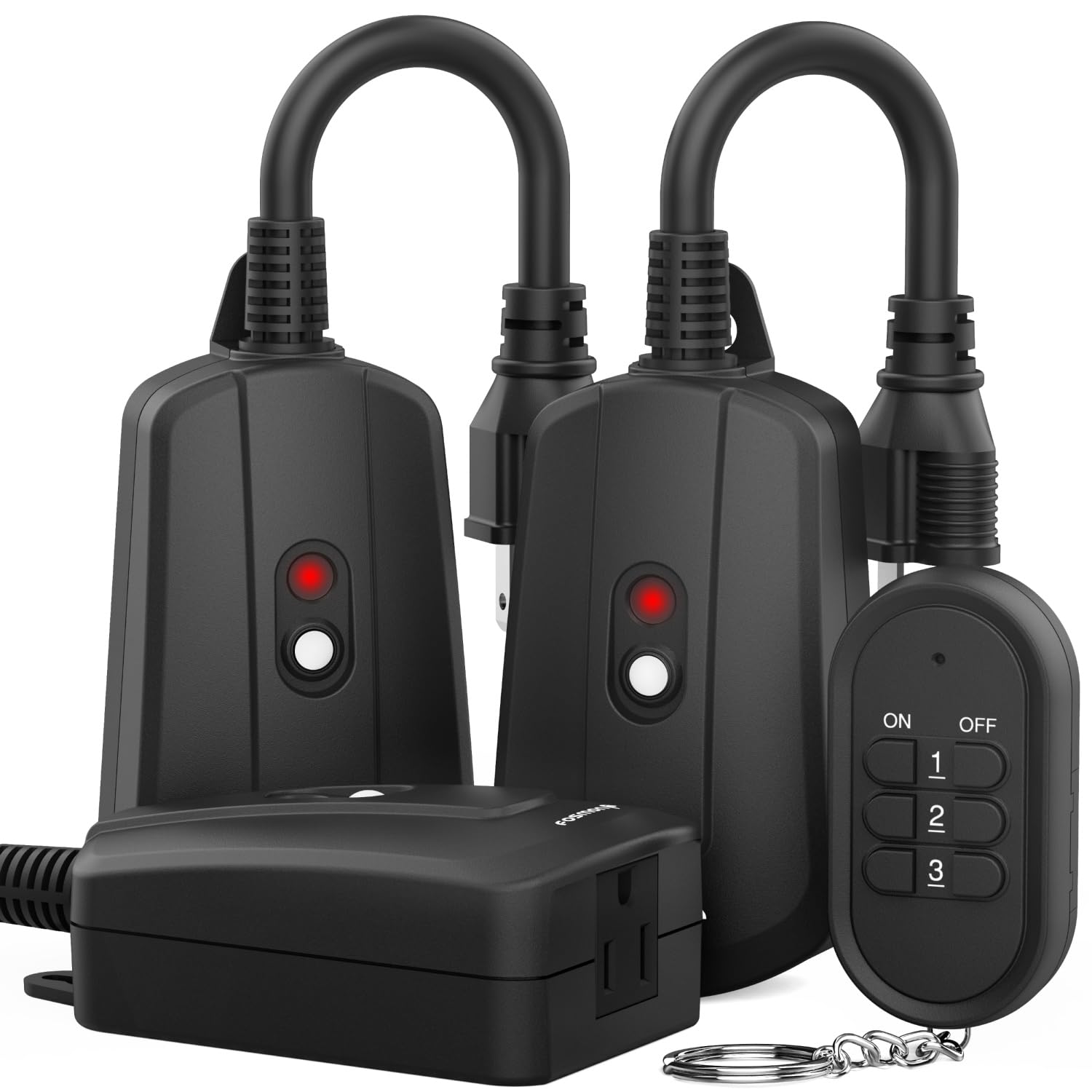 Fosmon Outdoor Wireless Remote Control Outlet, Heavy Duty Waterproof Electrical Plug-in Light Switch, 3-Prong, 100ft Range, Grounded, 3 Receivers, 1 Remote - UL Listed