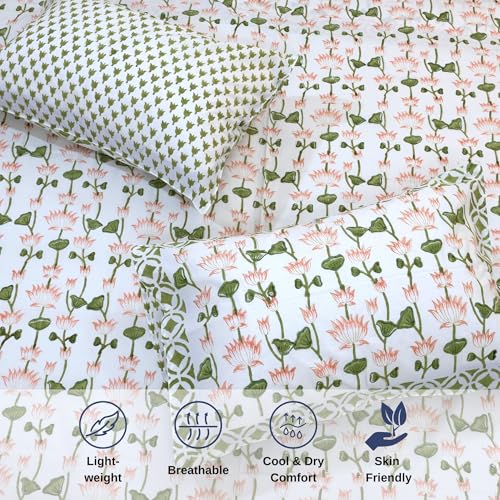 Image of TOAI Hand Block Printed Bedsheet | Bed Spread Flatsheet Bed Sheet | Pure Cotton | Double Bed Queen Size 90 inchx108 inch | 300 TC Long Staple Cotton | 2 Reversible Pillow Covers |Orange Pink Lotus Vines