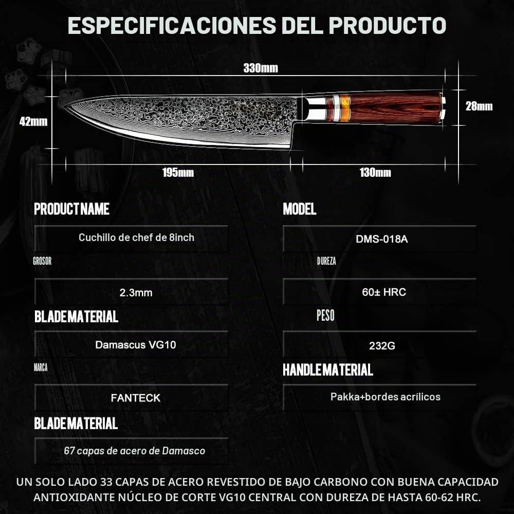 Afilado Cuchillo de Damasco 20cm, FANTECK Japonés Cuchillo de Cocinero VG10 67 Capas de Acero, Cuchillo de Cocina Cuchillo Verduras Gyuto Cuchillo de Chef Damasco - Mango de Madera Pakkawood