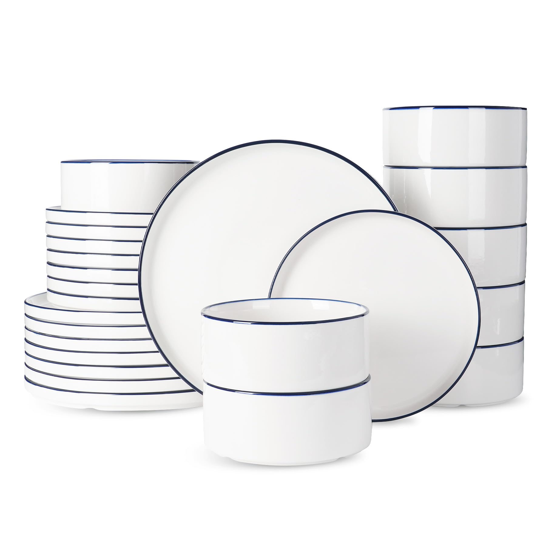 Famiware Porcelain Dinnerware Set, 24-Piece Modern Plate and Bowl Set, dish set for 8, Microwave and Dishwasher Safe Tableware, White with Blue Trim