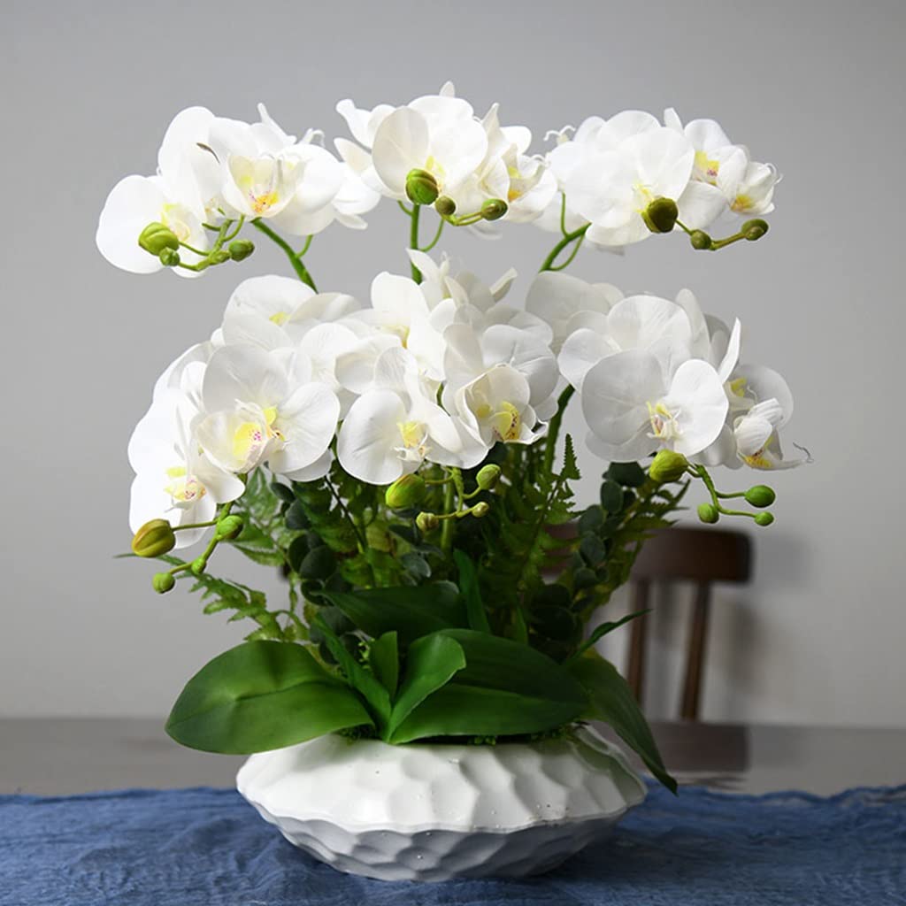 GTHTUHFD Simulation Flower Artificial Phalaenopsis Orchid Bonsai Faux Flowers With White Vase Flowers Arrangement Fake Orchids Flower Decor Height 21.65",White