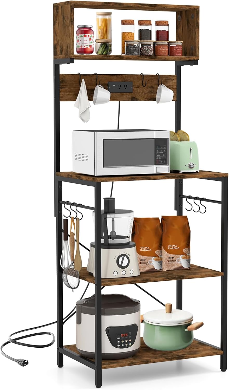 POWERSTONE Kitchen Bakers Rack with Power Outlet, 5-Tier Coffee Bar Cabinet Microwave Stand with 10 S Hooks, Organizers and Storage for Kitchen, Living Room, Balcony & Office