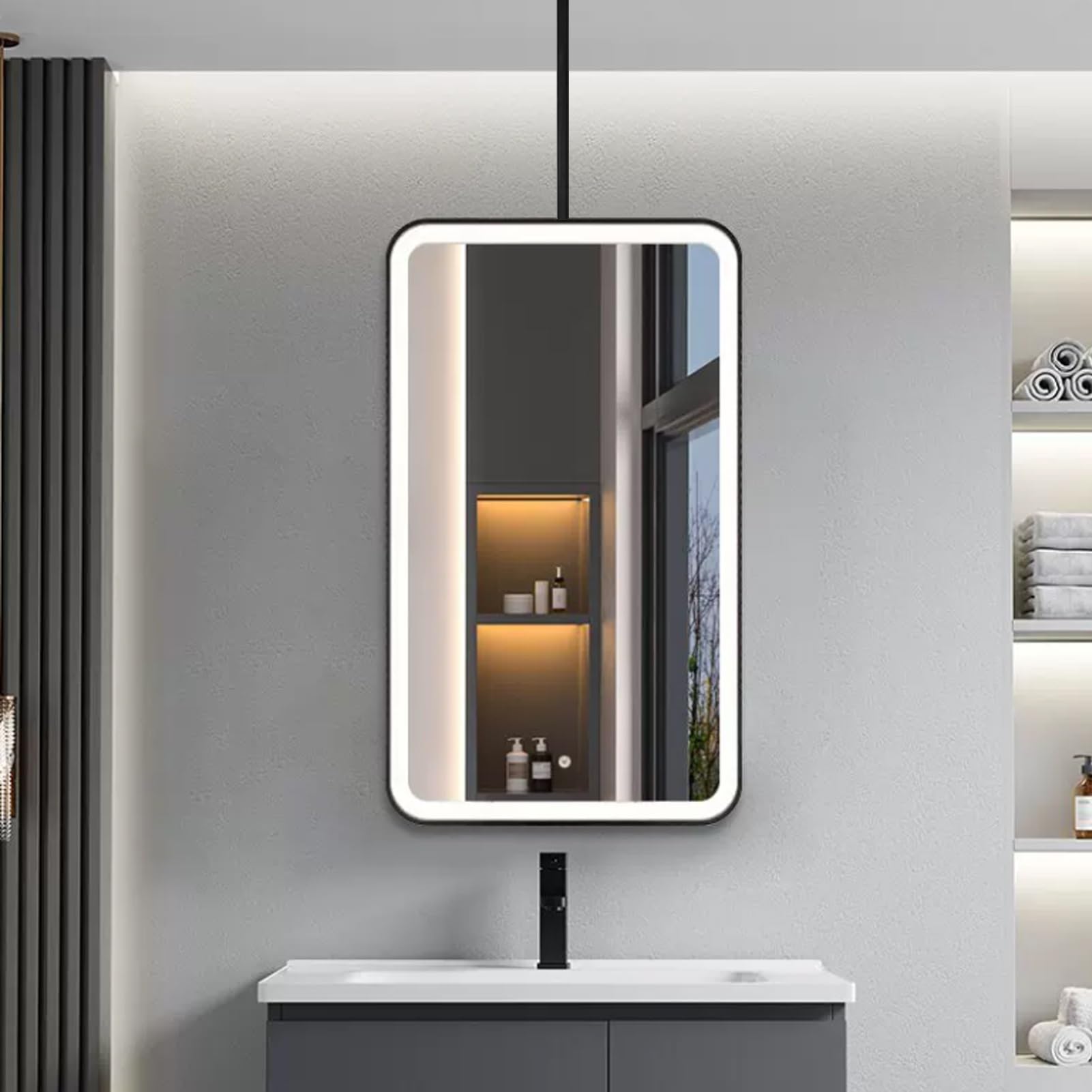 FGXHHS Black Rectangular Bathroom Vanity Mirror for Wall Mounted LED Mirror，Metal Hanging Rod Lighted Mirrors Floating Suspended Bedroom Entryway Living Room(50cmx70cm)