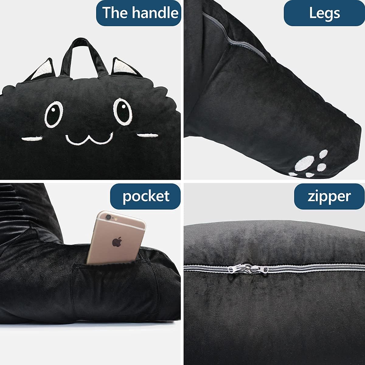 SUNSIDE Reading Pillow with Cat Design,Back Pillows for Sitting in Bed,Shredded Memory Foam Bed Rest Pillow with Arms,Suitable for Reading,Relaxing,Watching TV,Gaming,Apply to Adult and Children