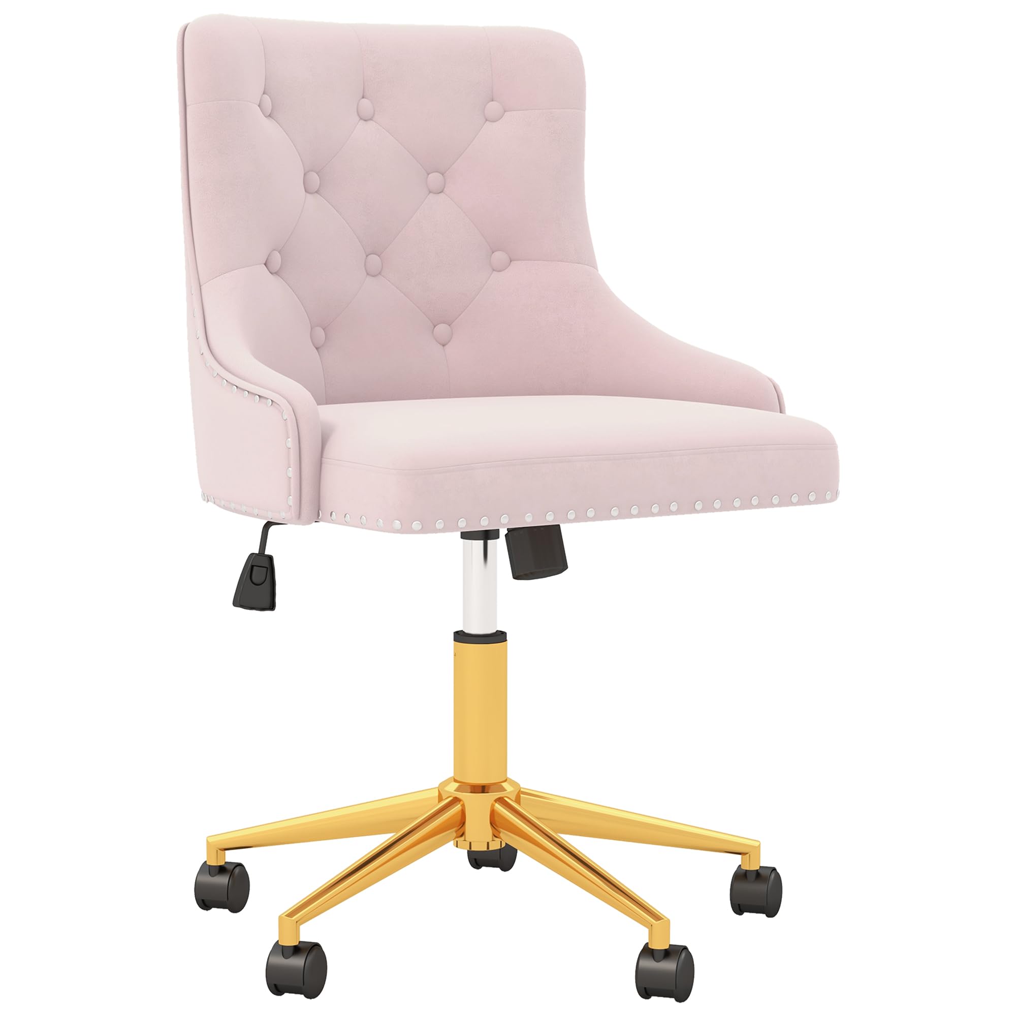 Westice Velvet Desk Chairs, Upholstered Swivel Comfy Makeup Vanity Chair with Tufted Back, Gold Metal Base & Wheels, Height Adjustable Chair for Girls
