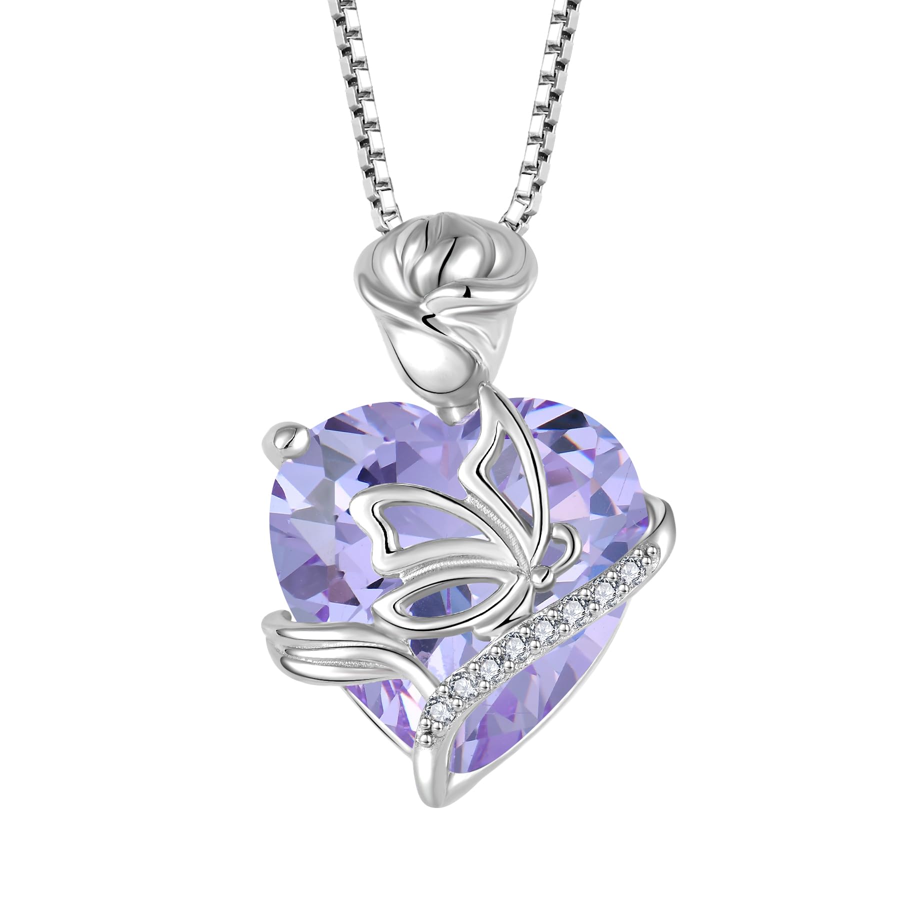 FJ Herz Geburtsstein Kette Damen 925 Sterling Silber Schmetterling Kette Anhänger Rose Blume Halskette Schmuck Geschenke für Frauen Mutter Freundin Mama