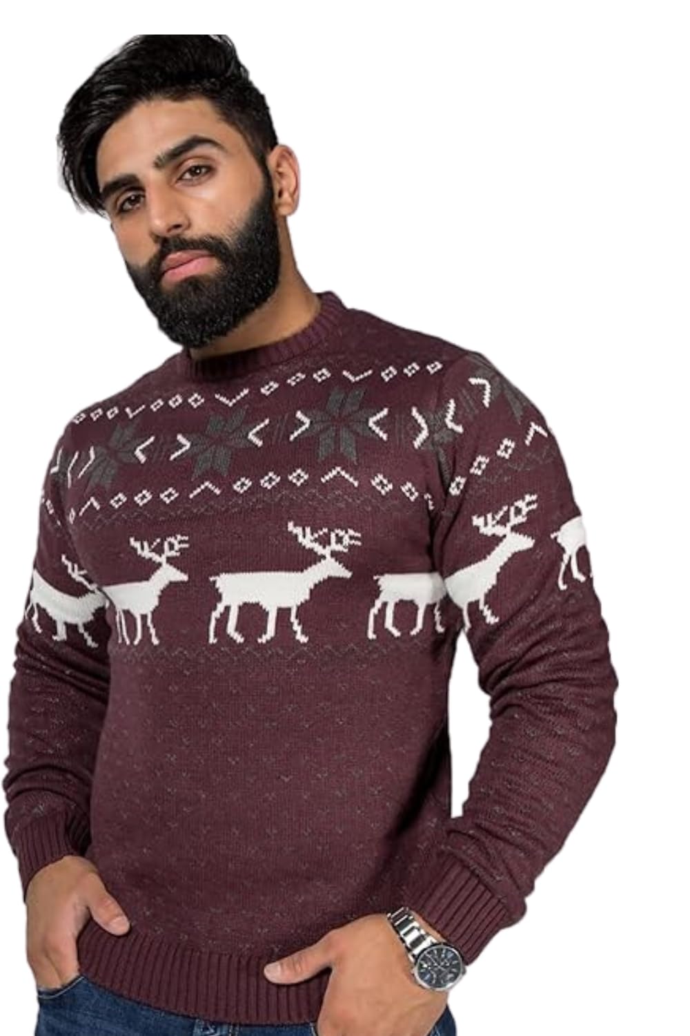 J5fashion Men's Burgundy Nordic Stag Reindeer Festive Christmas Boys Xmas Jumper (Uk, Alpha, Xxl, Regular, Regular, )