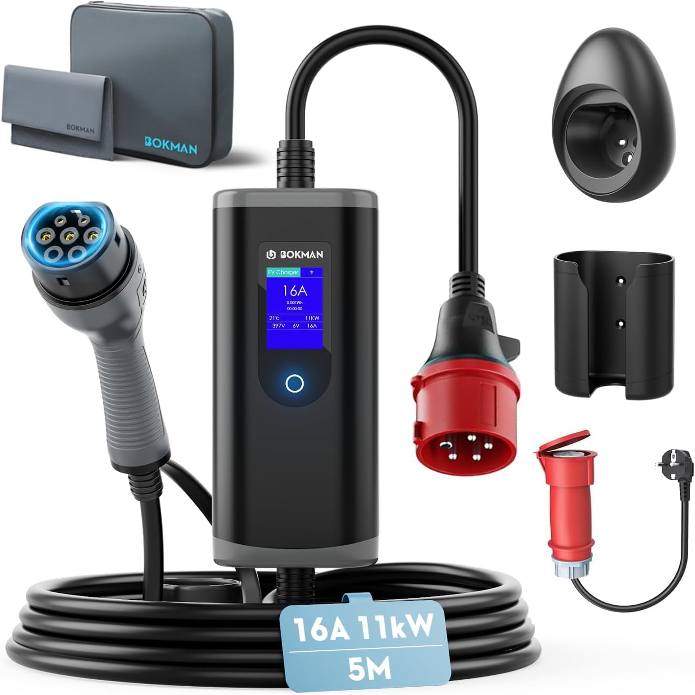 bokman Cargador Coche Eléctrico Tipo 2 11kW 5 Metros y Cable Adaptador | 3 Fases, 6-16A,CEE, IP65 Impermeable, EV-Cargador portátil con Adaptador CEE para Vehículos Eléctricos