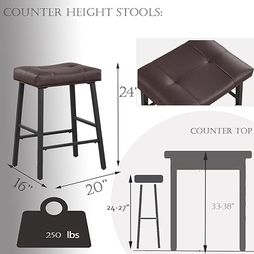 Miniatura 3 de KR302PBR - Juego de 2 taburetes de bar de altura de mostrador de cocina con acolchado de asiento de piel sintética, taburetes de cocina para isla de