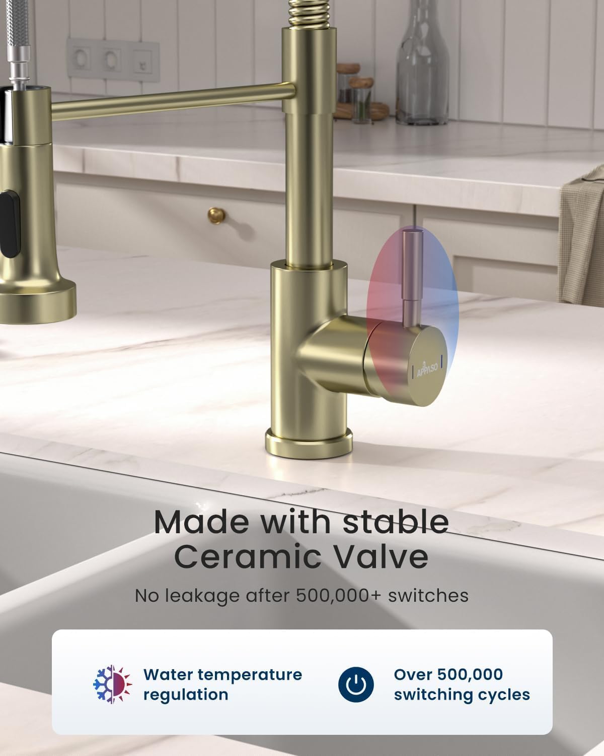 APPASO Grifo de cocina dorado, grifo de cocina dorado cepillado con pulverizador extraíble y dispensador de jabón, grifo de fregadero de cocina comercial, acero inoxidable dorado