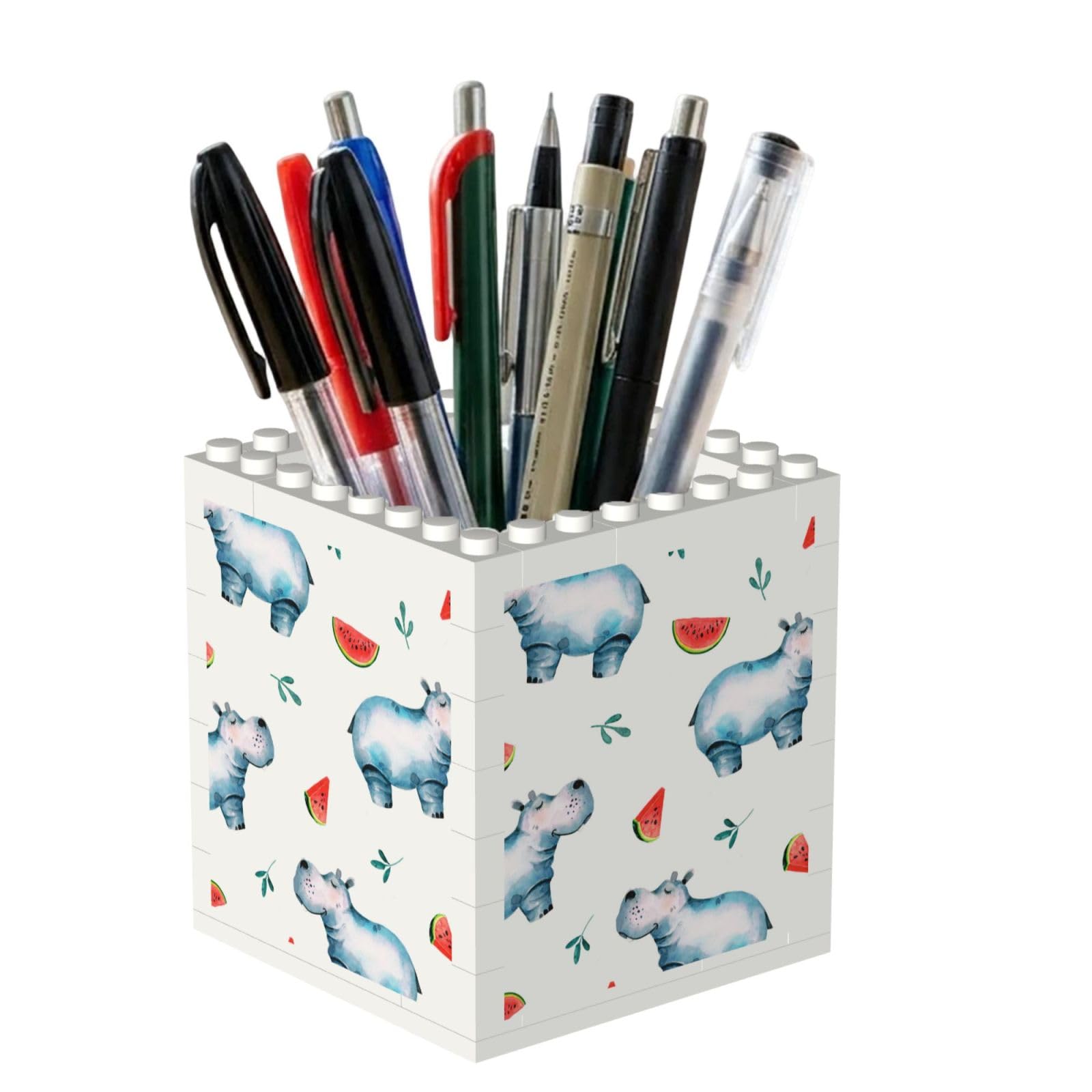 Poadnly Watercolor Cute Hippo Watermelon, Pen Pot Pencil Holder for Office Home School, Compact Desk Organiser for Office Stationery