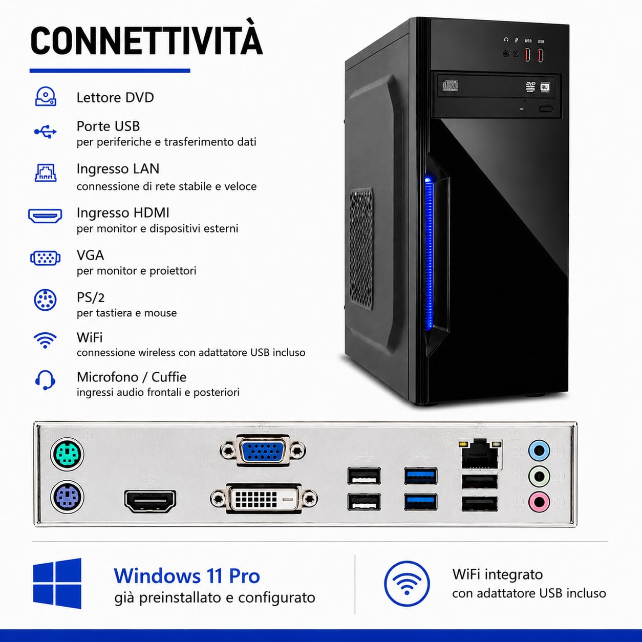 PC Fisso Completo - Computer Desktop i7-4790 • RAM 32GB • SSD 1TB (512 SSD + 512HDD) • Grafica Integrata HD 430 • Wi-Fi • Masterizzatore DVD • HDMI • USB 3.0 • Windows 11 Pro • Office 365.