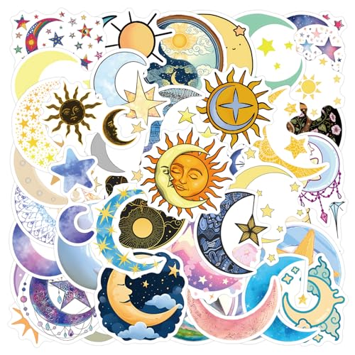 55Pcs Moon and Star Stickers Decals Vinyl Waterproof Stickers for Water Bottle Laptop Luggage Helmet Skateboard Snowboard Guitar Scrapbook Phone Gifts for Teens Girls Kids Adult(Moon Star)