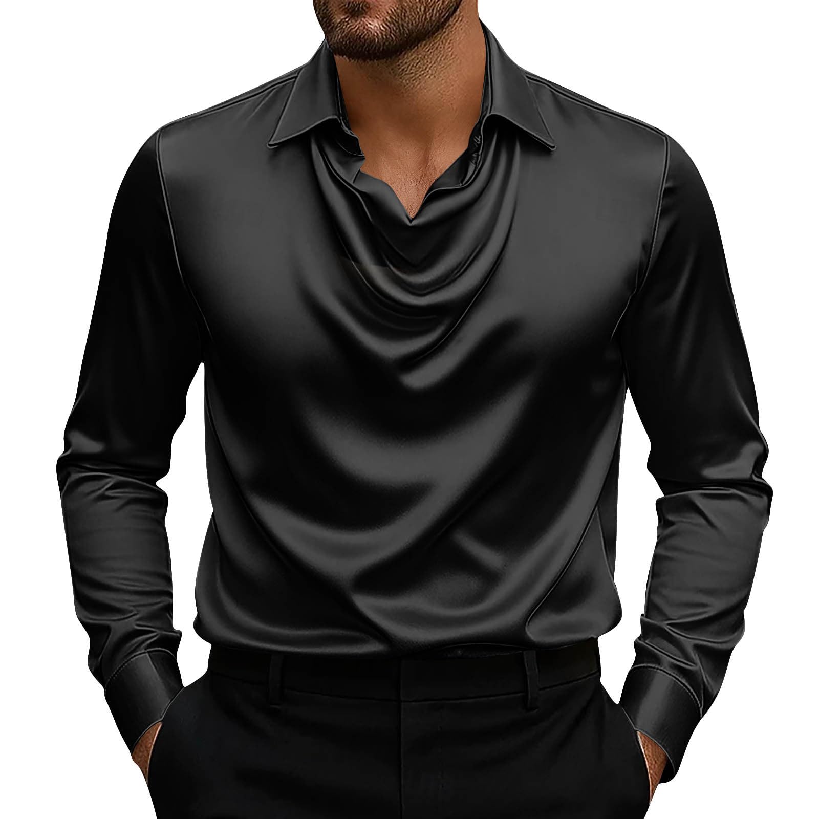 Men's Elegant Solid Satin Cowl Neck Blouse Long Sleeves Casual Business Dressy Shirts Office Work Top Fall Outfits