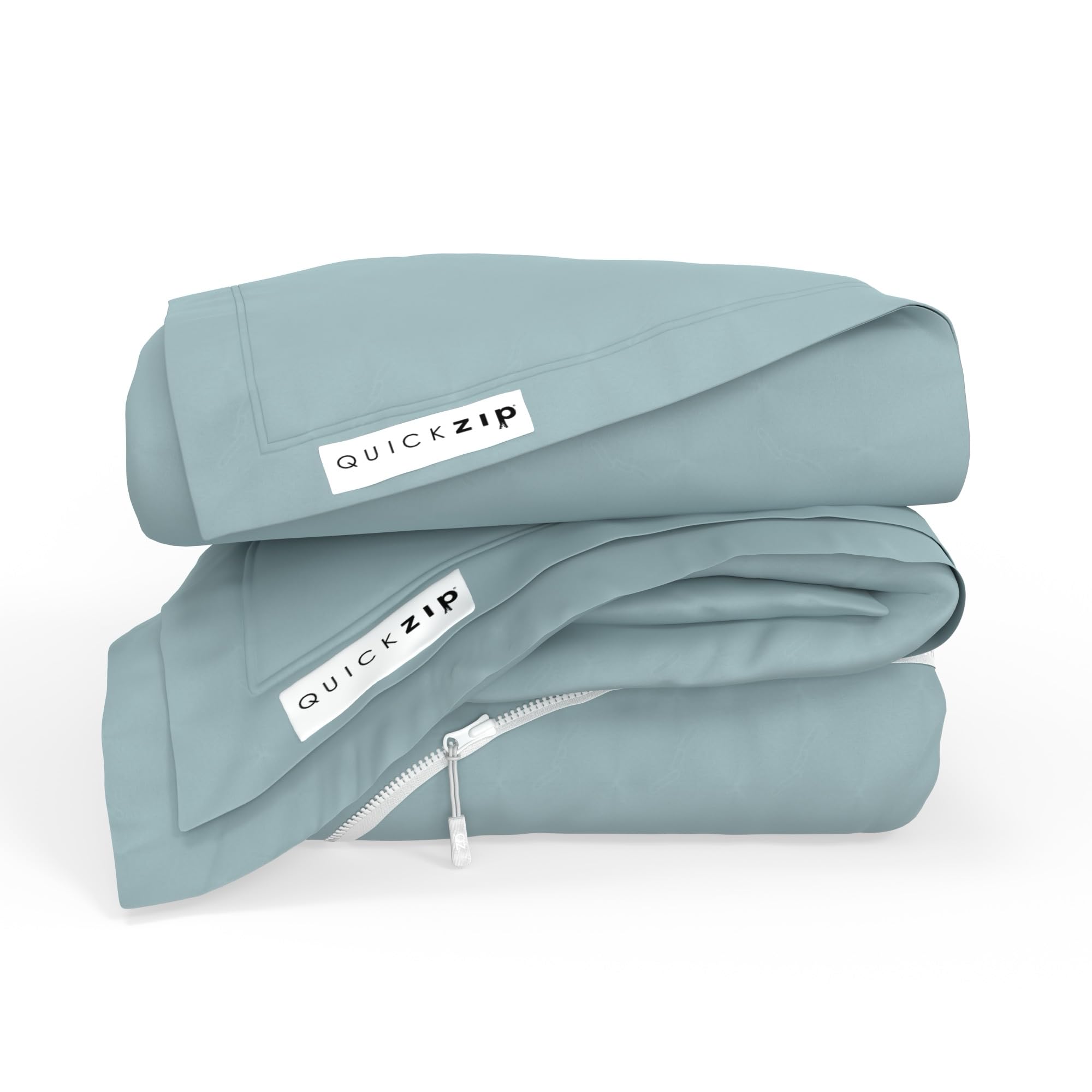 QuickZip Fitted Plus Spare Bundle: 1 Fitted Sheet (Base + Zip Sheet) &amp; 1 Zip Sheet - Easy to Change, Won’t Pop Off - Soft Sateen 400 TC 100% Cotton - 13.5” Deep Pockets RV Queen Size – Dusty Blue