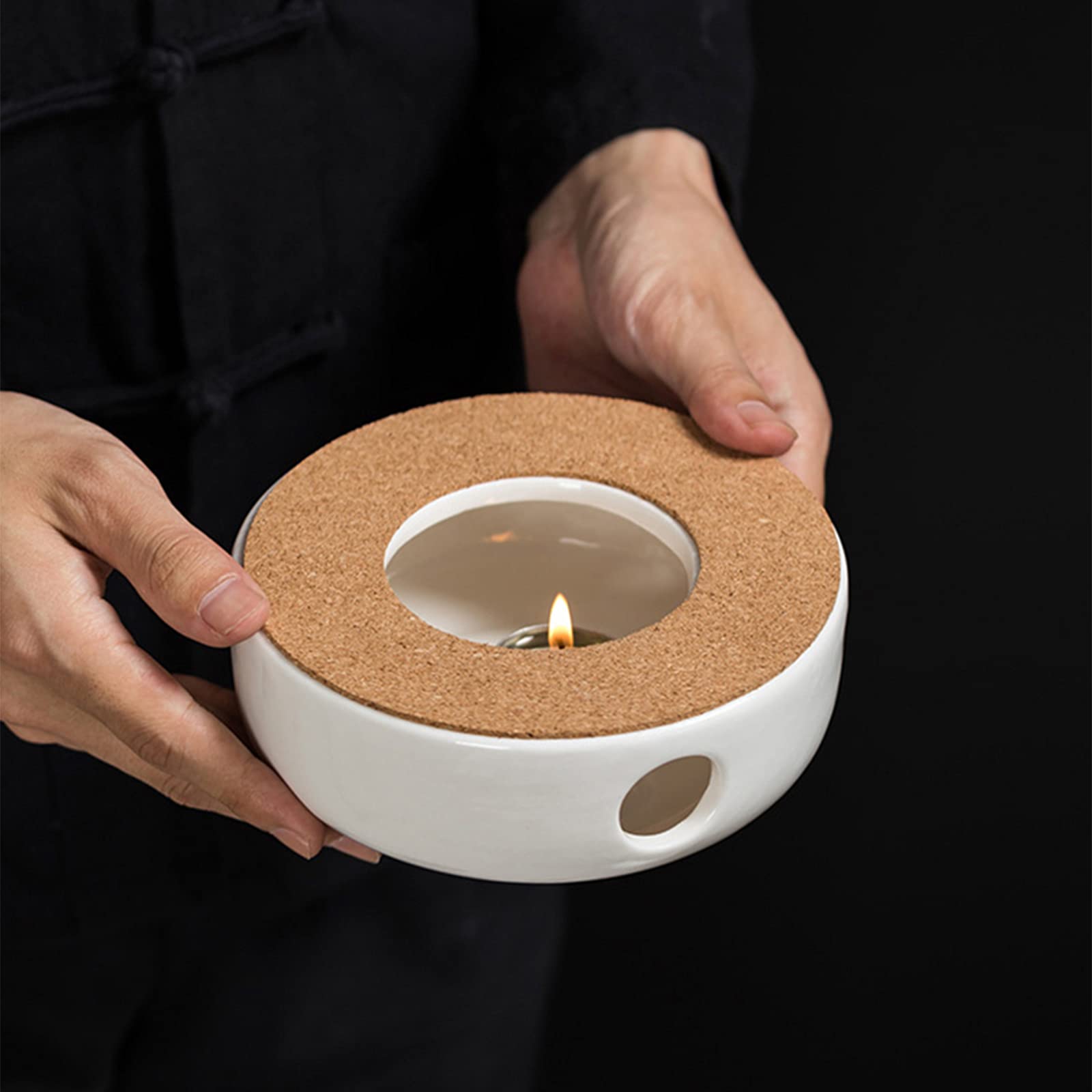 Scalda Teiera In Ceramica Bianca Con Base In Sughero E Design Intagliato – Fornelletto Per Tè E Caffè A Candela