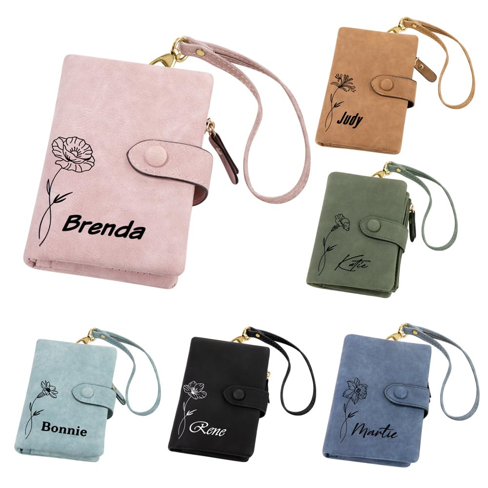 BYFDIY Custom Wallets For Women Tri-fold Personalized Engraved Name Leather Wallet For Mom Small Birth Flower Wallet With Wrist Strap Credit Card
