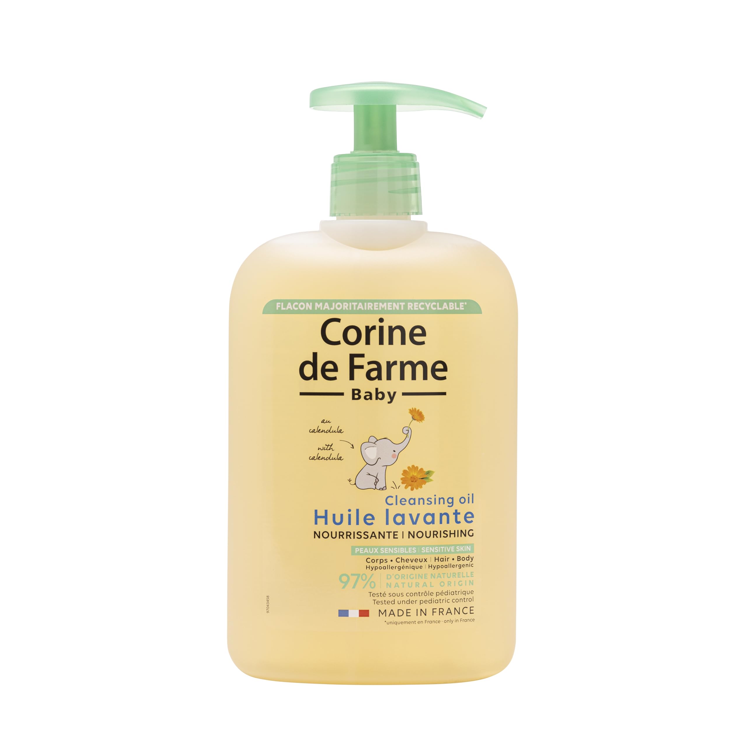 Corine de Farme, Huile Lavante Nourrissante 500ml pour Bébé, Extrait de Calendula, Hypoallergénique, Nettoyage Doux pour Peau Sèche à Très Sèche, Convient aux Cheveux, 97% Ingrédients Naturels