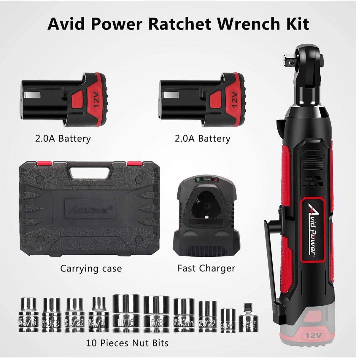 Avid Power Cordless Electric Ratchet Wrench, 3/8" 50N.m (37 Ft-lbs) 12V Power Ratchet Wrench Kit w/ 2-Pack 2.0Ah Lithium-Ion Batteries, One Hour Fast Charger, Variable Speed and 10 Sockets : Tools & Home Improvement