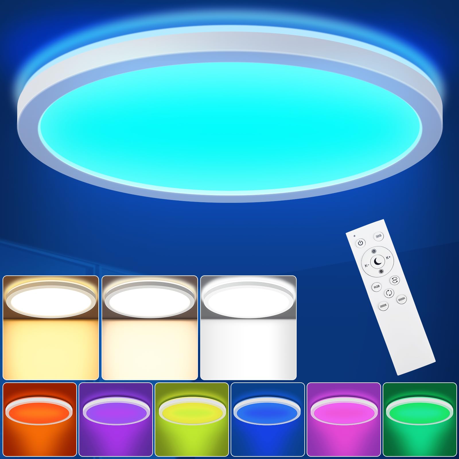 LEZOE RGB LED Ceiling Light Dimmable with Remote Control, 18W