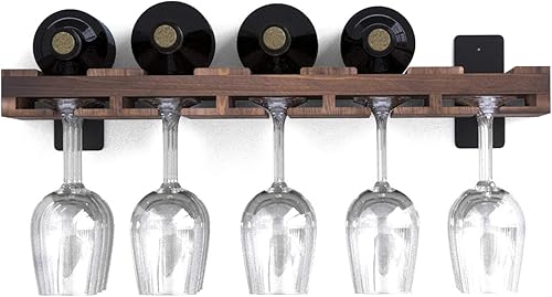 Miniatura 6 de Rustic State Palomino Estante flotante de madera para botellas de licor de vino con soporte para cristalería, estante organizador de almacenamiento