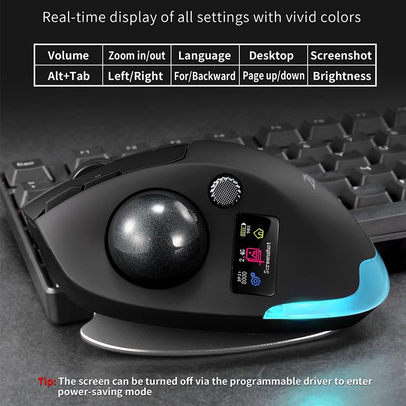 Image of Wireless Mouse - 2.4GHz + Bluetooth Dual Mode Connection, 8 Programmable Buttons, 8000 CPI Adjustable, Trackball Design, with Display Screen, Ergonomic Tilt Angle, For Windows, macOS, Android, Linux