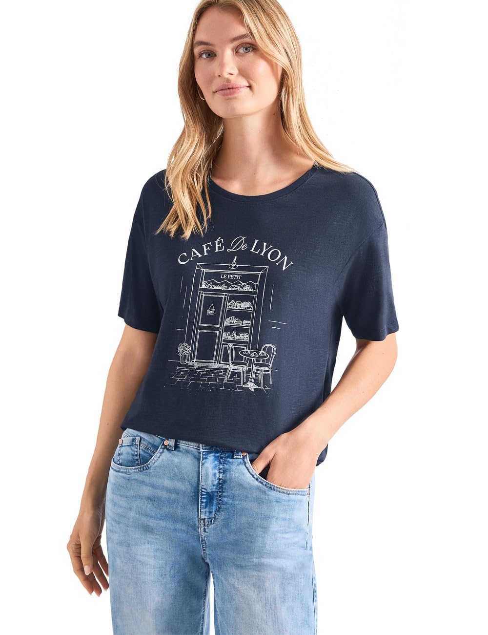 Street One T-Shirt with Crew Neck and Front Print Darkest Blue 38