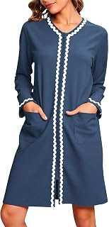 Women's Zipper Up Robe Long Sleeve Loungewear Dress Wave Edge Loose Sleepwear Nightgown Bathrobe with Pockets