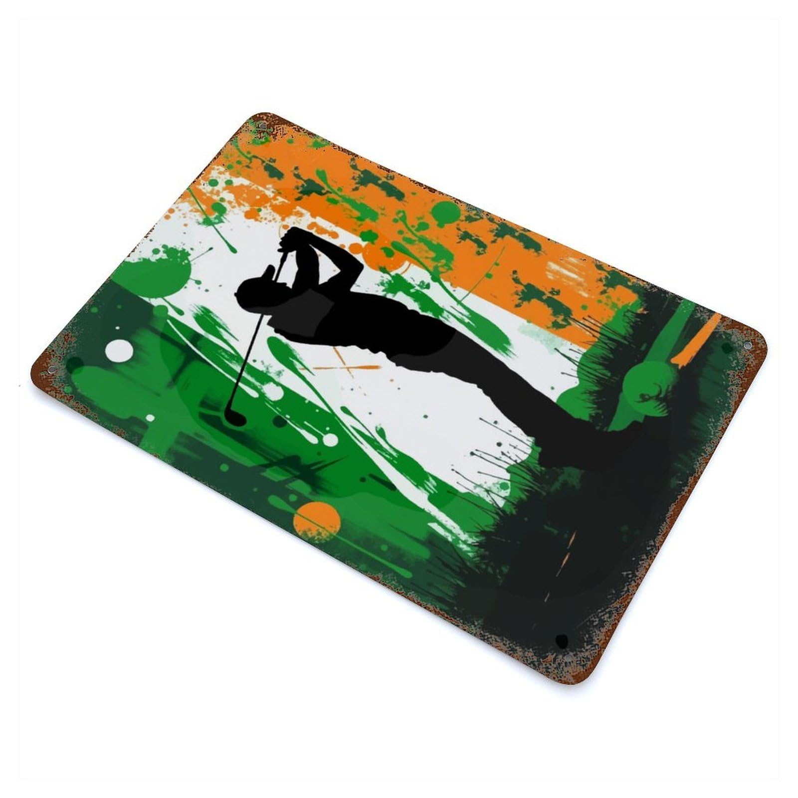 Garage Style Golf Silhouette with Irish Flag Weathered Tin Sign 11.8"x7.9", Classic Wall Plaque for Bar And Workshop