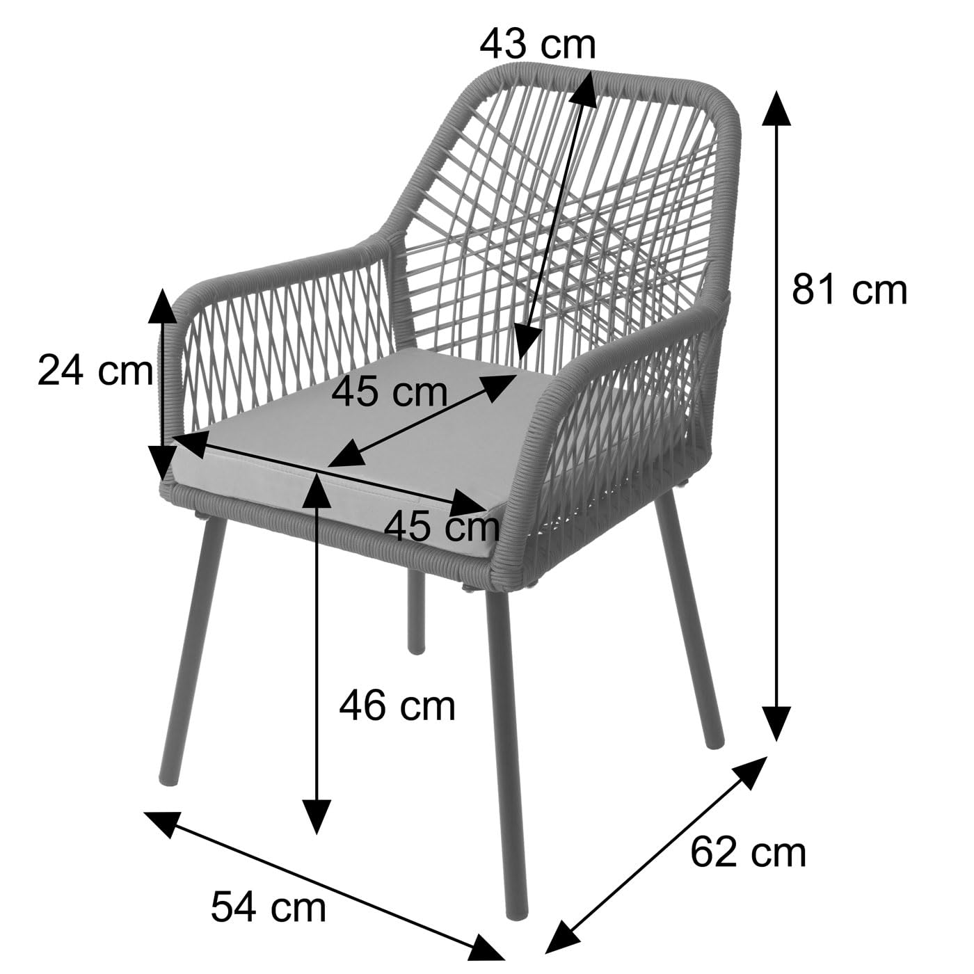 Mendler 2er-Set Gartenstuhl HWC-O12, Outdoor Sitz-/Rückenpolster Aluminium Seilgeflecht Rope - anthrazit, Bezug dunkelgrau