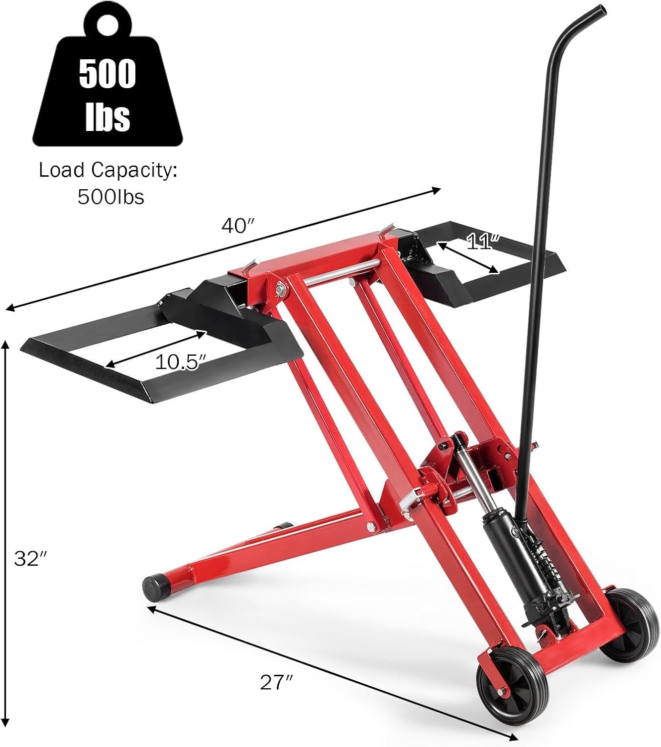 Lawn Mower Lift, 500LBS Capacity Zero Turn Mower Lift with Hydraulic Jack, Non-Slip Wheels, Adjustable Movable Lawn Mower Lift Jack for Riding Tractors, Lawnmowers