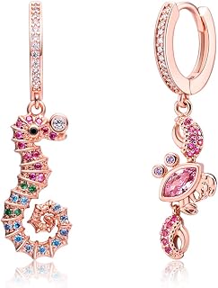Ocean & Beach Style Dangle with Hinged Hugging Hoop Earrings Pavé Cubic Zirconia, Marine Life Themed Pavé Colored Nano Zircons Asymmetrical Dangle Drop Small Hoop Earrings for Women Teen Girls