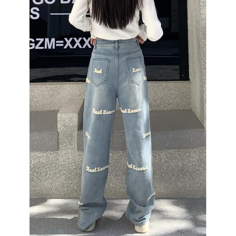 Embroidered Letters Solid Straight High Waist Jeans3
