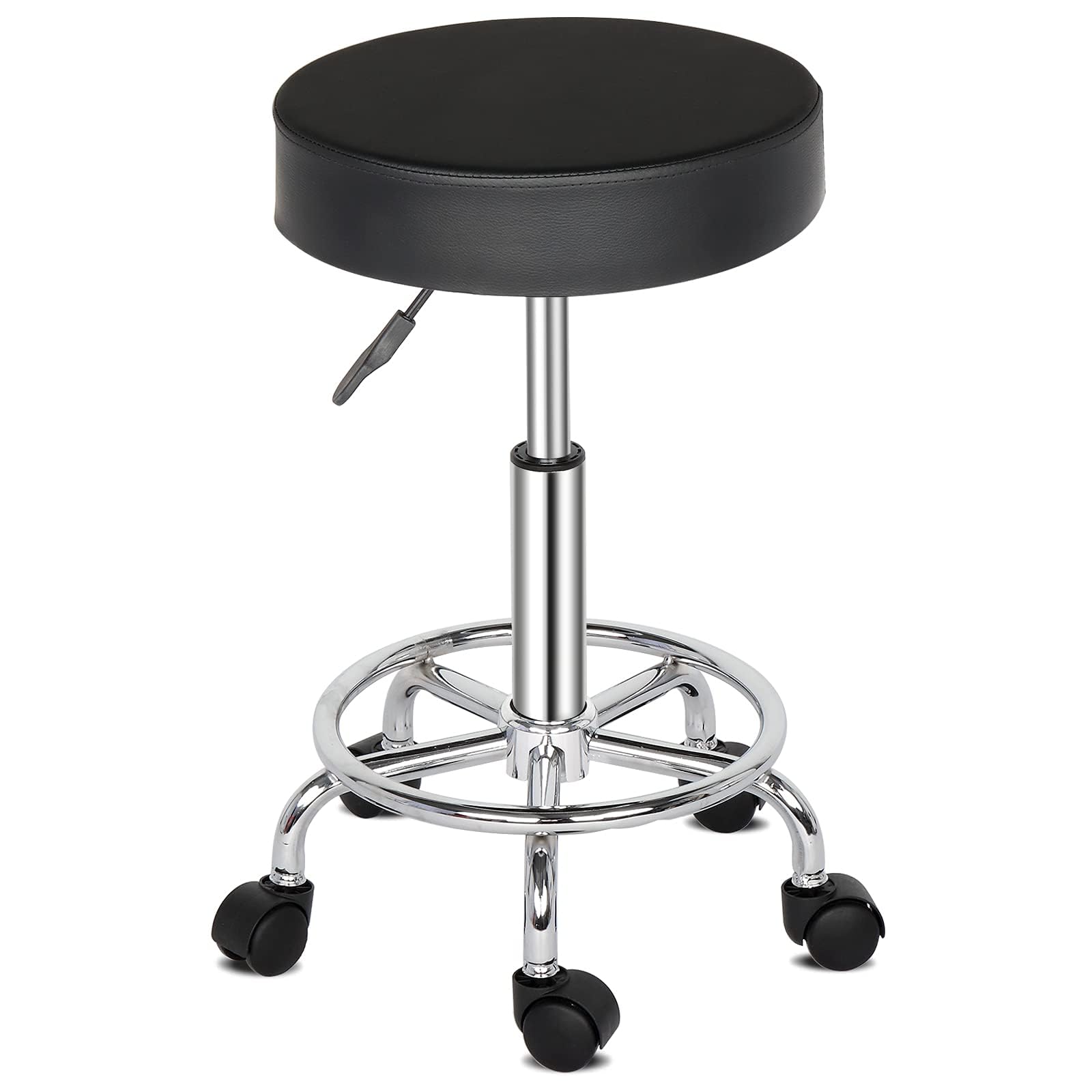 Sgabello con Ruote Regolabile in Altezza in Pelle PU, Sedia da Lavoro Imbottita con Cuscino in Pelle 8cm, per Bar, Casa, Parrucchiere,Ufficio (1, Nero)
