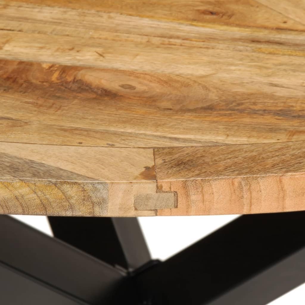 Round Solid Mango Wood Dining Table with Black Metal Legs for Rustic Kitchen Decor and Family Gatherings, Durable Construction and Unique Wood Grain Patterns