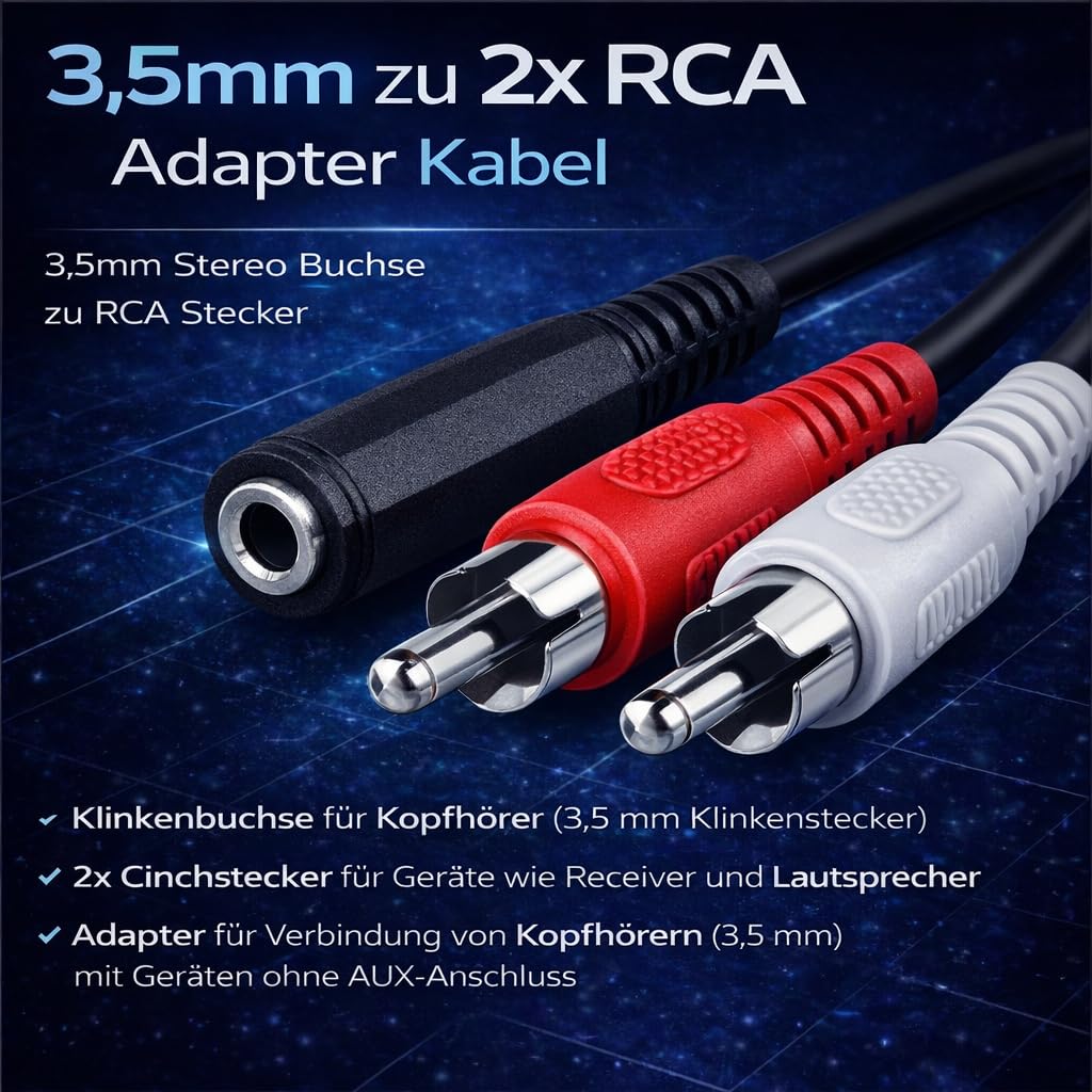 Adapter audio | 20 cm | gniazdo jack 3,5 mm na 2 x wtyk cinch | adapter stereo Y RCA złącze cinch laptop tablet smartfon | czarny