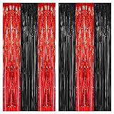 PIGETALE, 2 Pack 3.2x8.2 Feet Black and Red Foil Fringe Curtains Party Decorations, Tinsel Curtain B