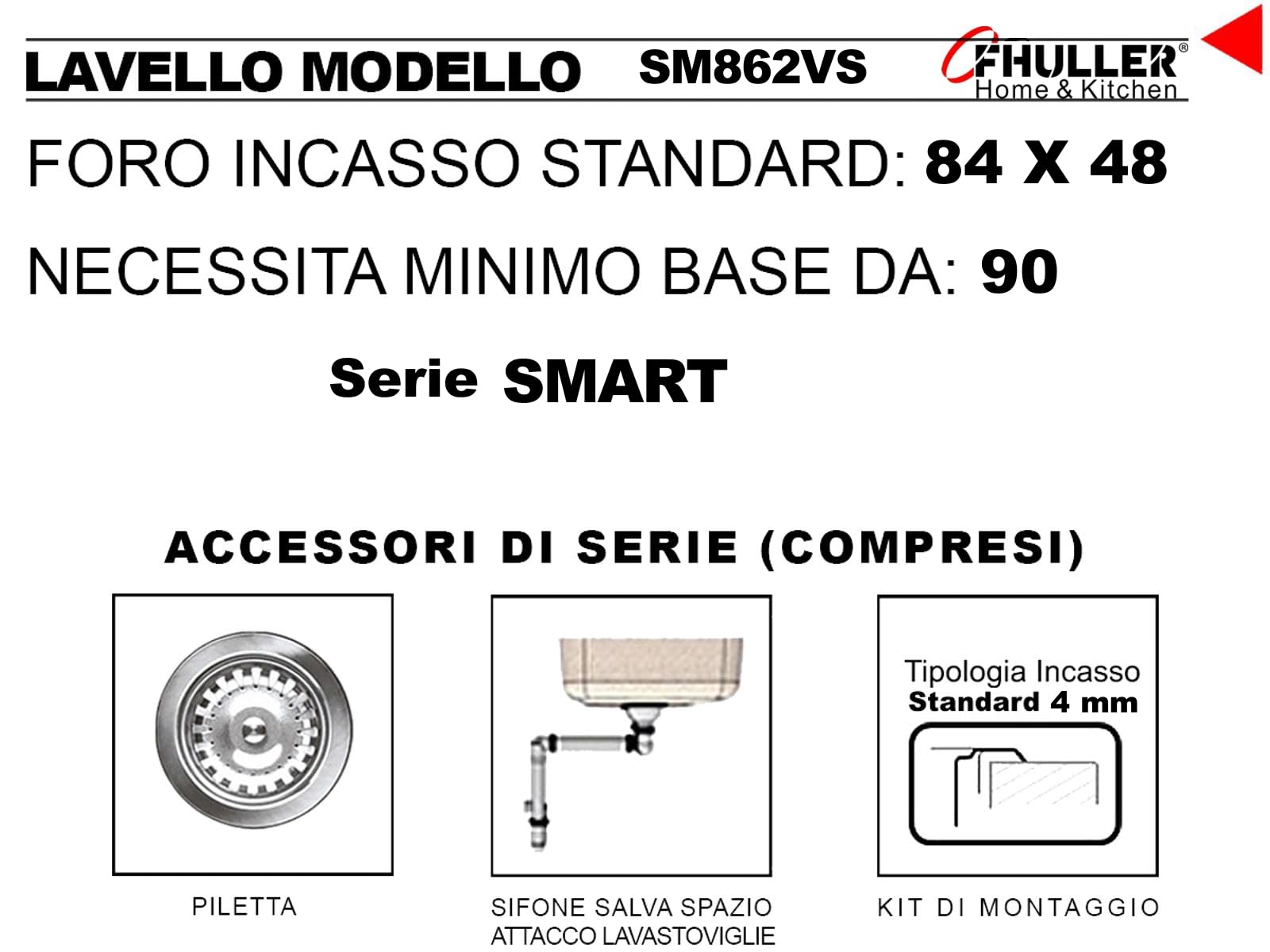 SM862VS ● Lavello Incasso Cucina FHULLER Mod.SMART 86X50 2 Vasche, Spessore Acciaio 7/10 con Vasche Profonde H 18 Realizzato in Acciaio Inox Spazzolato Made in Italy