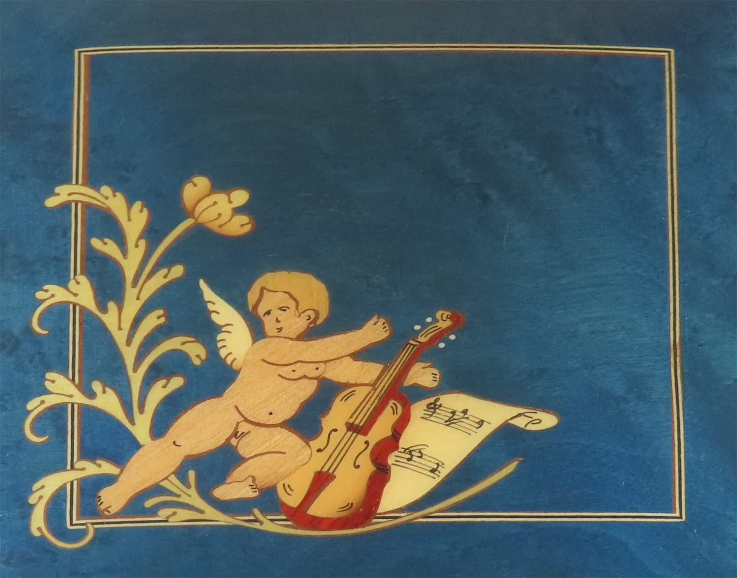 Caja de música para Joyas/joyero Musical de Madera teñida de azul con marquetería ángel y Mecanismo Musical de Resorte de 18 Notas - El vals de Amélie Poulain (Yann Tiersen)
