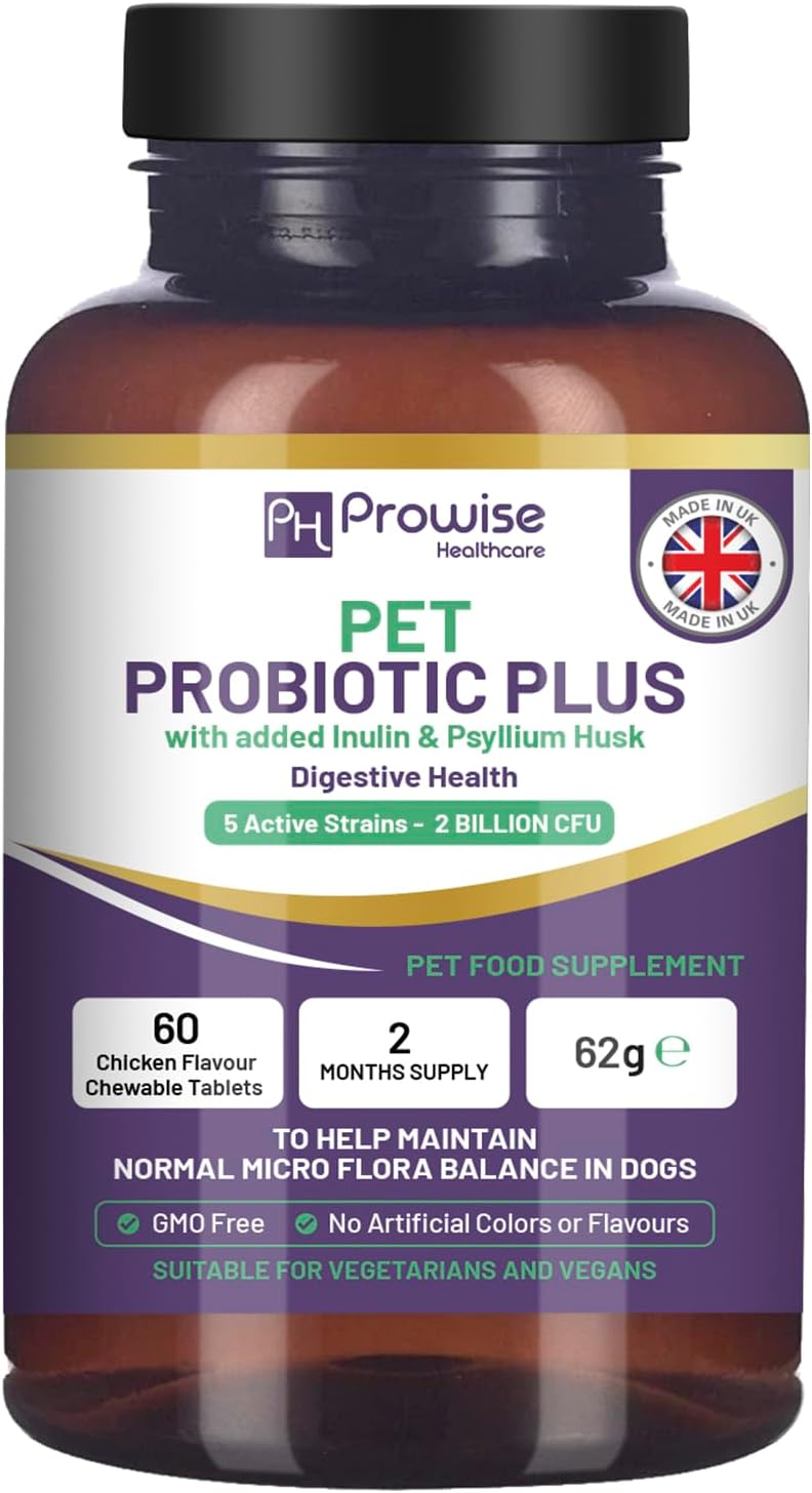 Pet Probiotic Plus with Added Inulin & Psyllium Husk 2 Billion CFU with 5 Active Strains I 60 Chicken Flavour Chewable Tablets 2 Months Supply I Help Main Normal Microflora Balance in Dogs