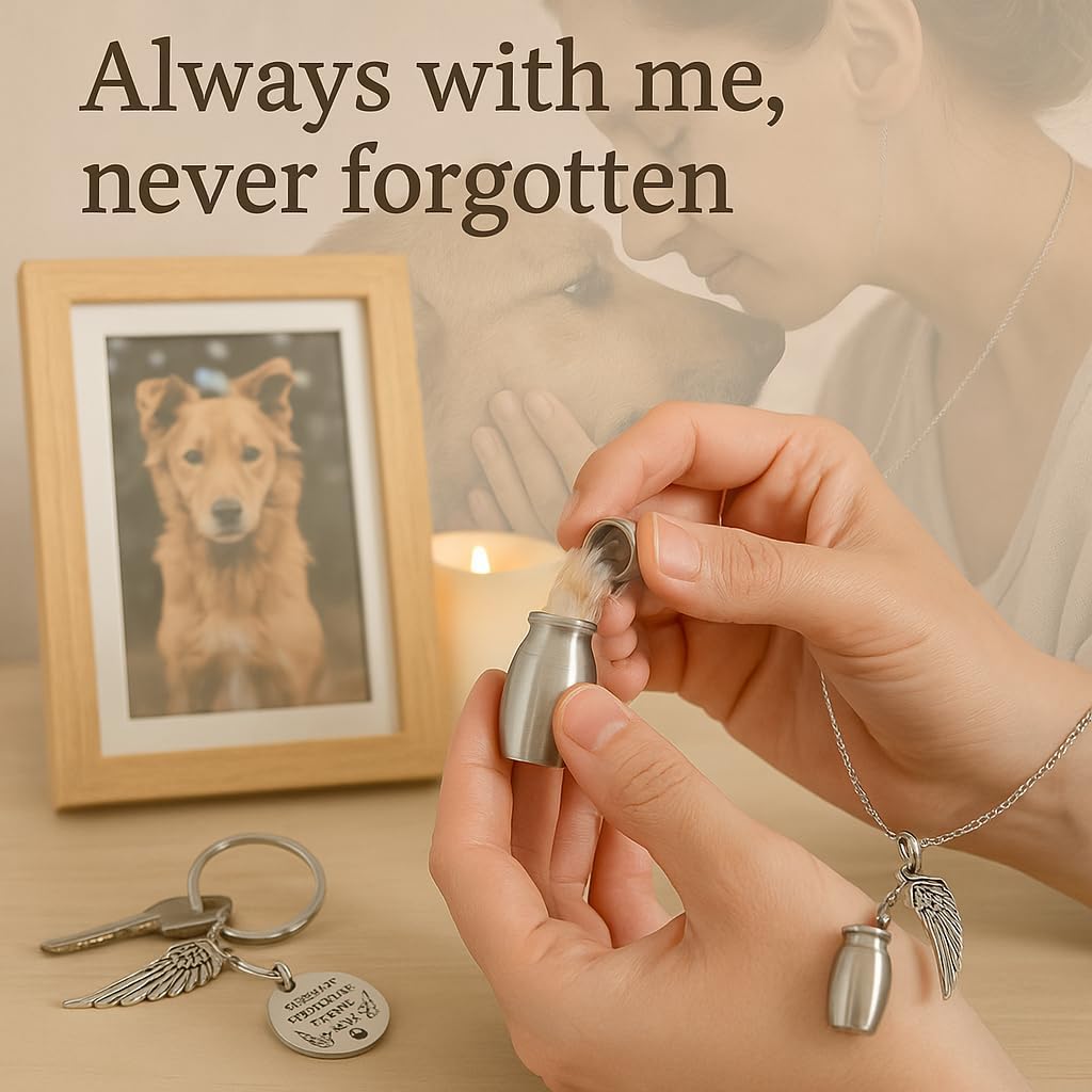 Pet Memorial Keychain with Small Urn Pendant, Stainless Steel Keepsake Holder for Dog or Cat Ashes, Fur, or Notes, Silver image 5