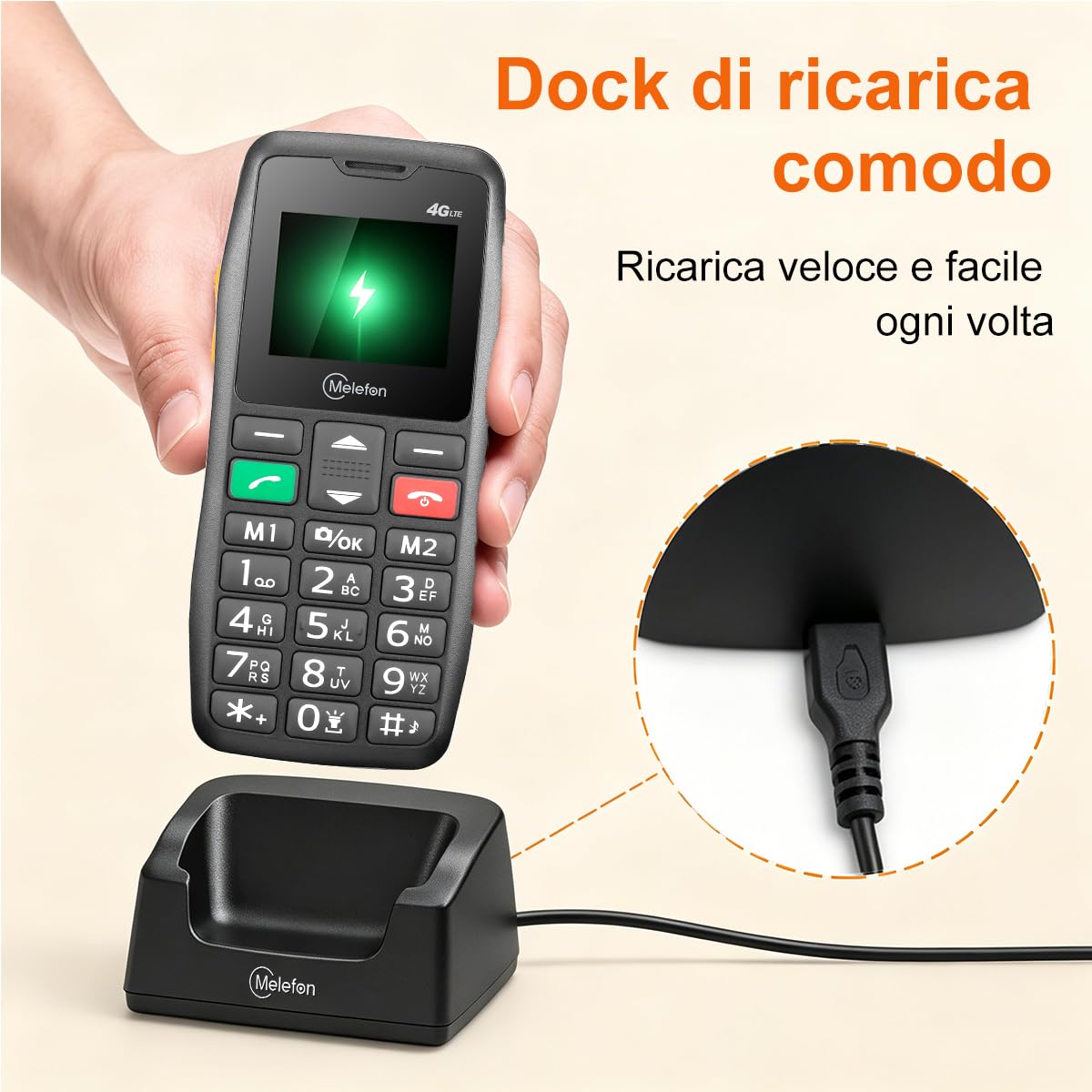 Telefono 4G per Anziani,Tasti Grandi,SOS,Base di Ricarica,Blocco Laterale | Senza Contratto,Facile da Usare,Chiamata Rapida M1/M2,Volume Alto,Ricarica USB-C,Radio FM,Torcia LED