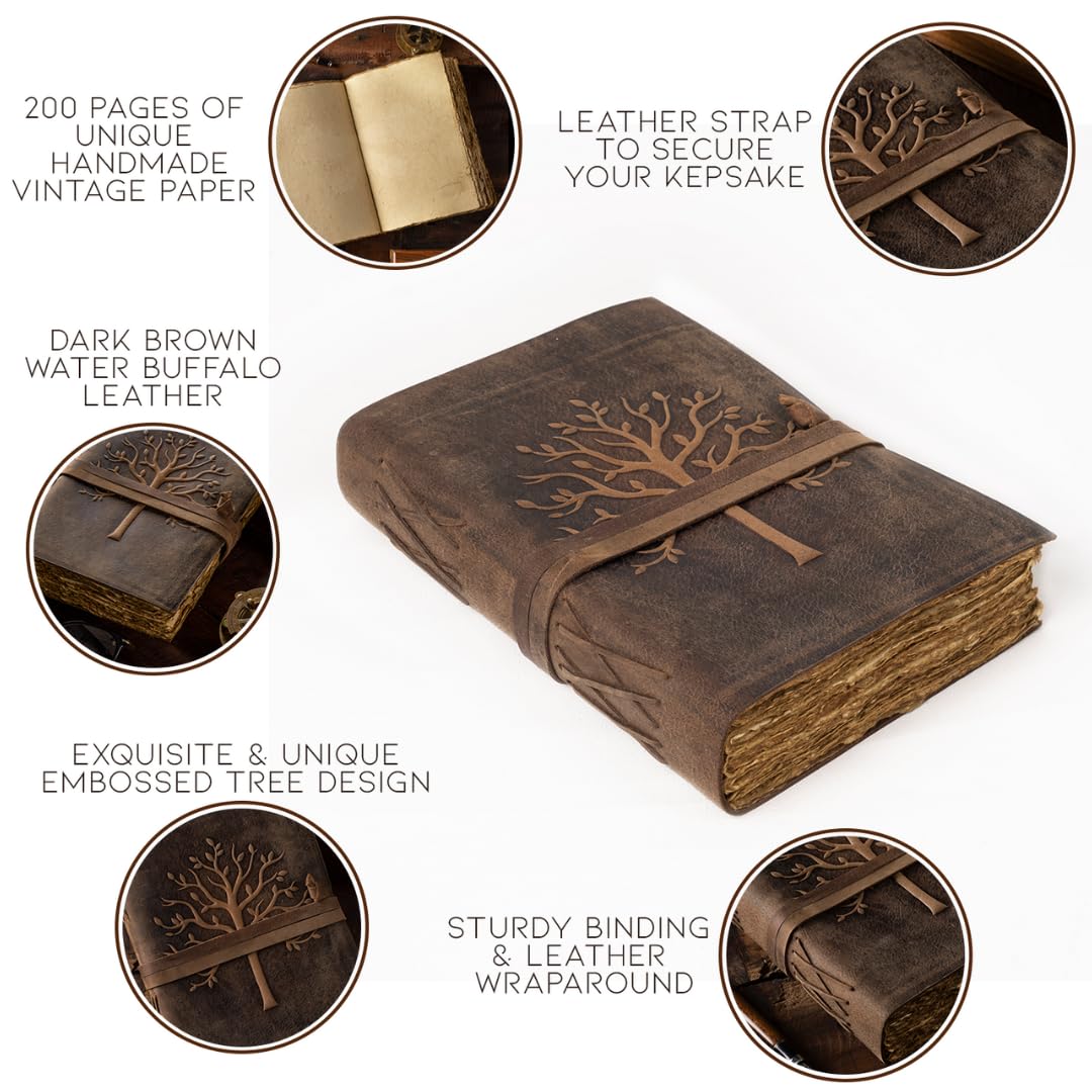 Diario de cuero vintage árbol de la vida - Diario de cuero enrollado - Papel antiguo hermoso libro de cuero en relieve - Para dibujar bocetos y escribir - 240 páginas
