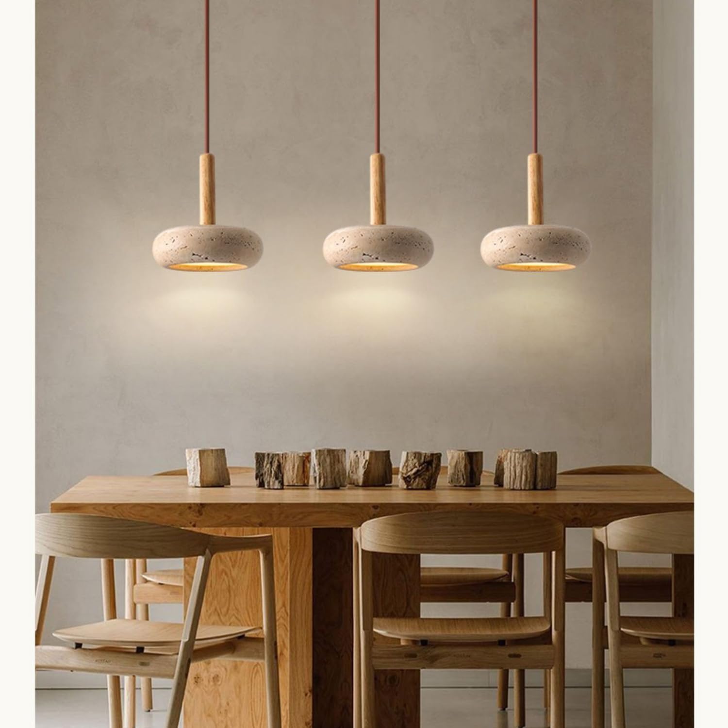 Żółty Trawertyn Wiszący Żyrandol Lampa Wisząca 5,9 Cala Naturalny Porowaty Trawertyn, Drewno, Dekoracja Artystyczna 3 Ściemnialne Lampy W Stylu Wabi-sabi W Stylu Przemysłowym
