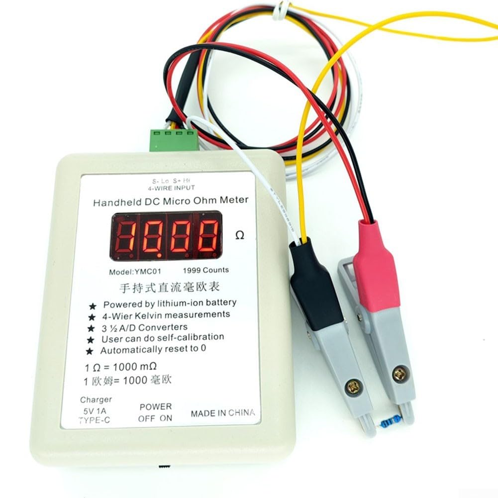 YMC01 Handheld-Gleichstrom-Milliohm-Messgerät, Vierdraht-Kelvin-Niedrigwiderstandsprüfer mit Typ-C-Aufladung, 2R/20R Bereich für Spule, Schalter und Relais-Tests (kleiner Clip 20R)