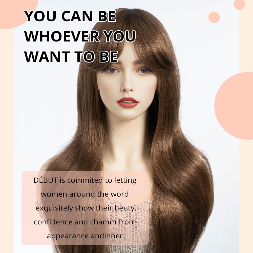 DÉBUT Long Brown Wig With Fringe for Women Heat Resistant Synthetic Layered Hair Wigs With Bangs for Daily Party Cosplay Use(26 inches - Image 4