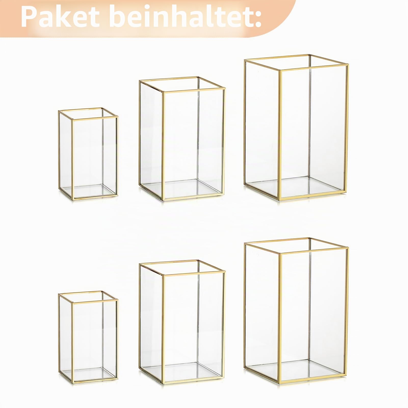 NUPTIO Glas Windlicht Kerzenständer Gold: Stumpenkerzen Kerzenhalter | Set von 6 Gehärtetes Laternen Outdoor für Hochzeit tischdeko Weihnachten Halloween Wohnzimmer Tischplatte Metall