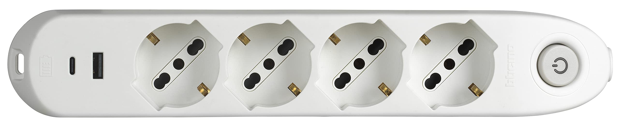 Bticino Poker 6-Seater Power Strip, 2 USB Sockets and 4 Multi-Purpose Sockets (Schuko 10/16 A and Bipas), Electrical Strip with Switch, 1.5 m Cable, 16 A Plug, Robust and Space-Saving,